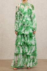 Round Neck Long Sleeves Floral Printed Folds Green Maxi Dress