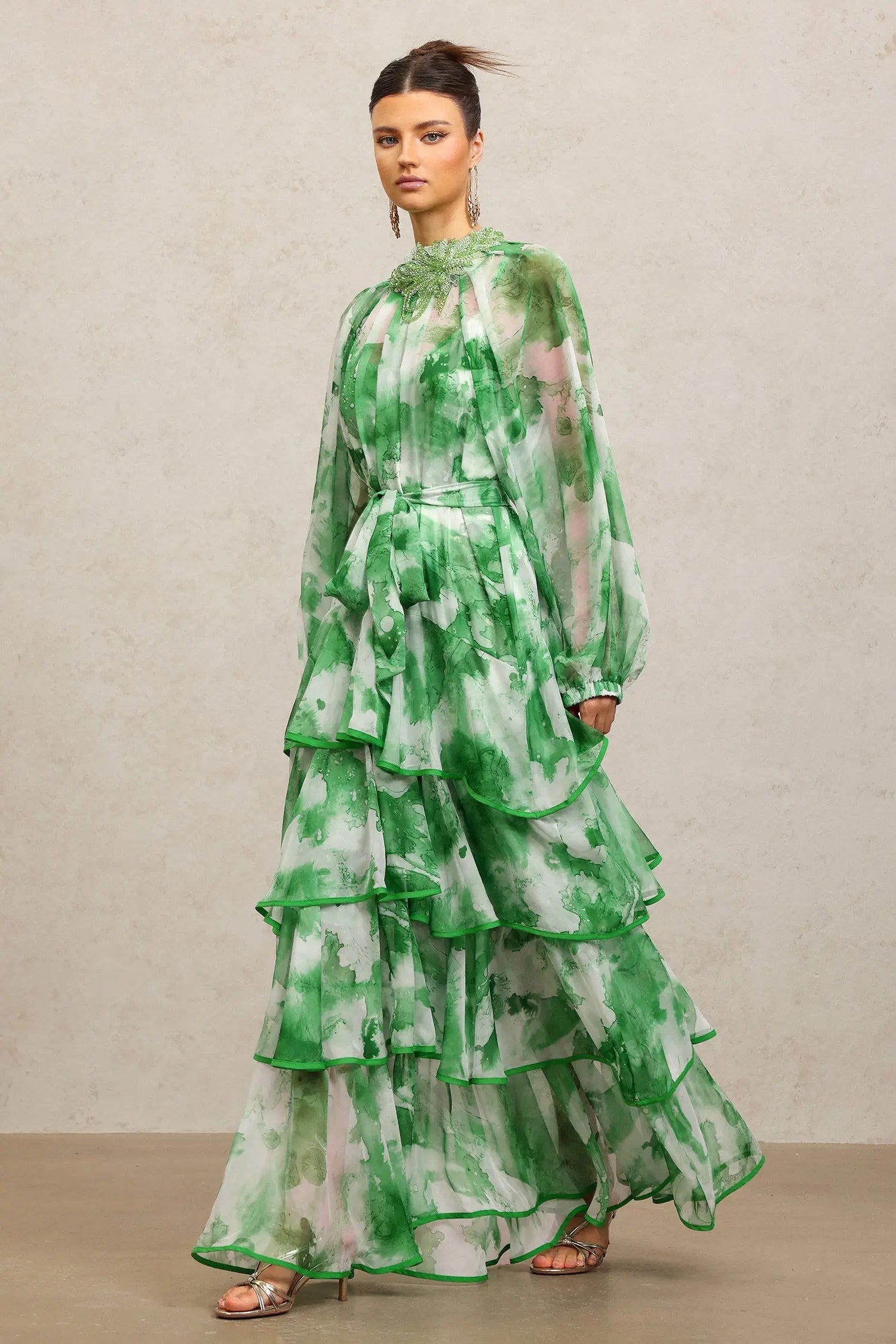 Round Neck Long Sleeves Floral Printed Folds Green Maxi Dress