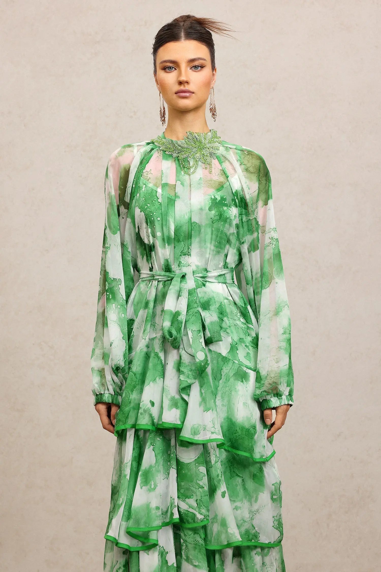 Round Neck Long Sleeves Floral Printed Folds Green Maxi Dress