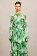 Round Neck Long Sleeves Floral Printed Folds Green Maxi Dress