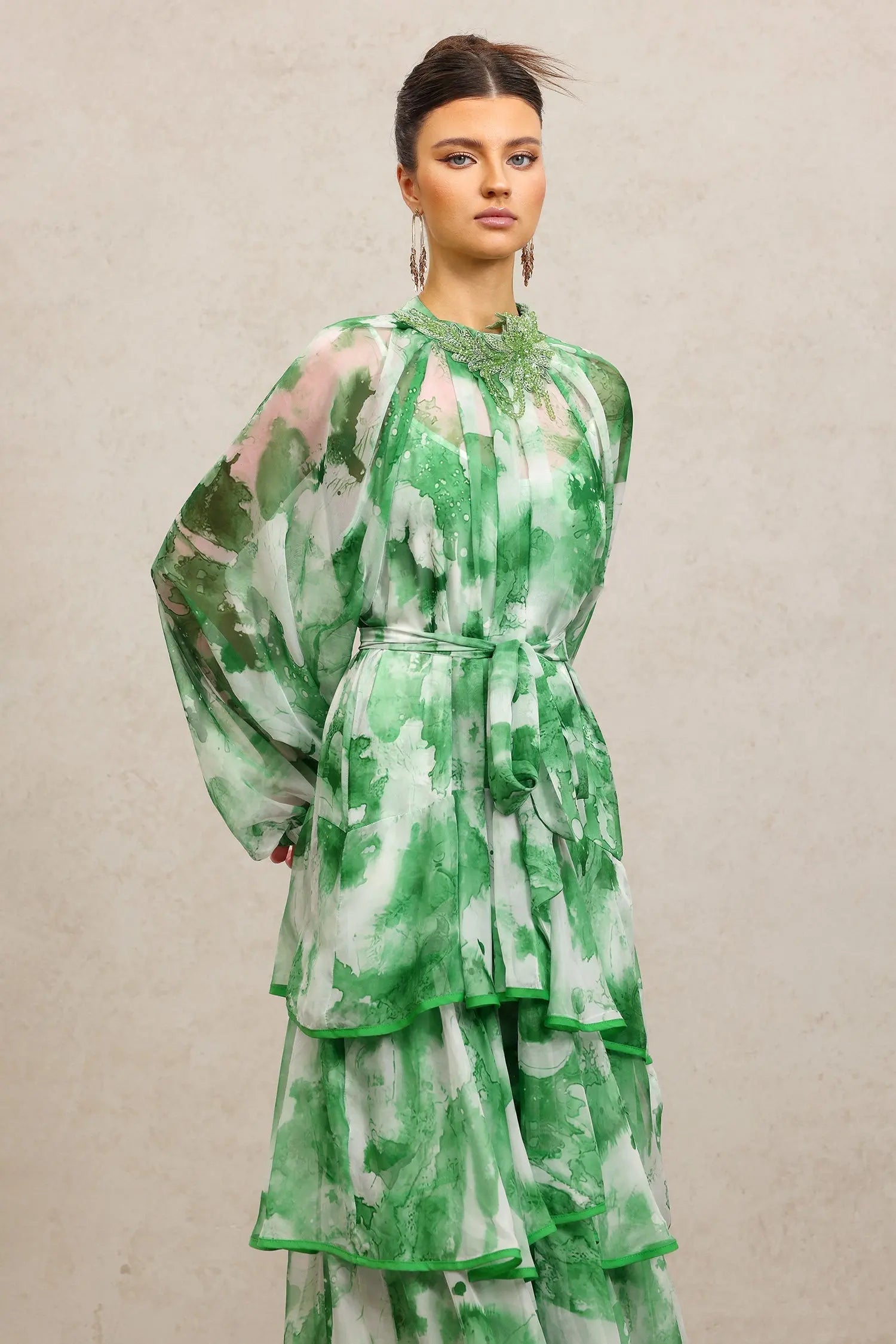 Round Neck Long Sleeves Floral Printed Folds Green Maxi Dress