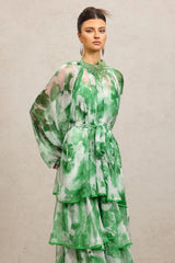 Round Neck Long Sleeves Floral Printed Folds Green Maxi Dress