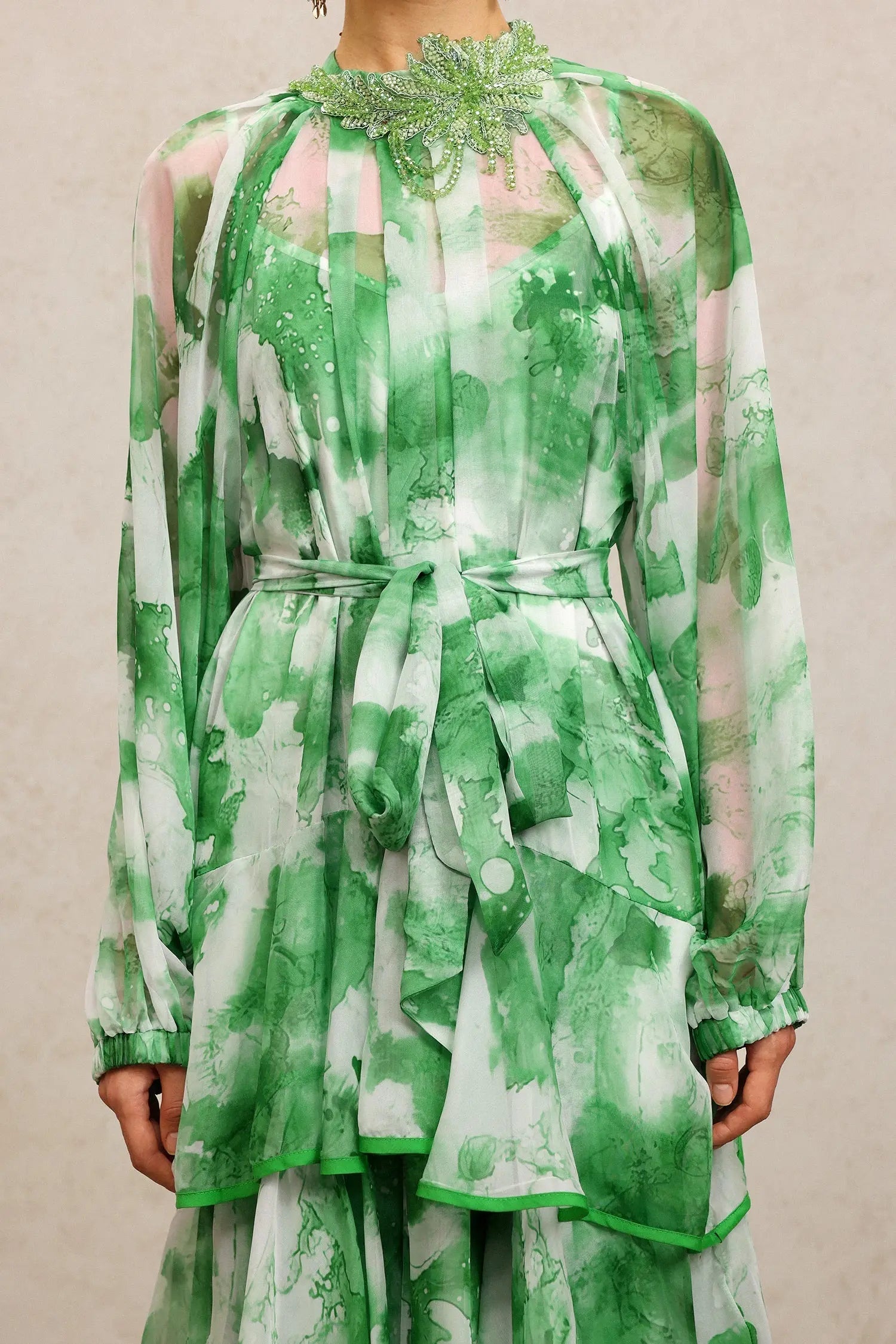 Round Neck Long Sleeves Floral Printed Folds Green Maxi Dress
