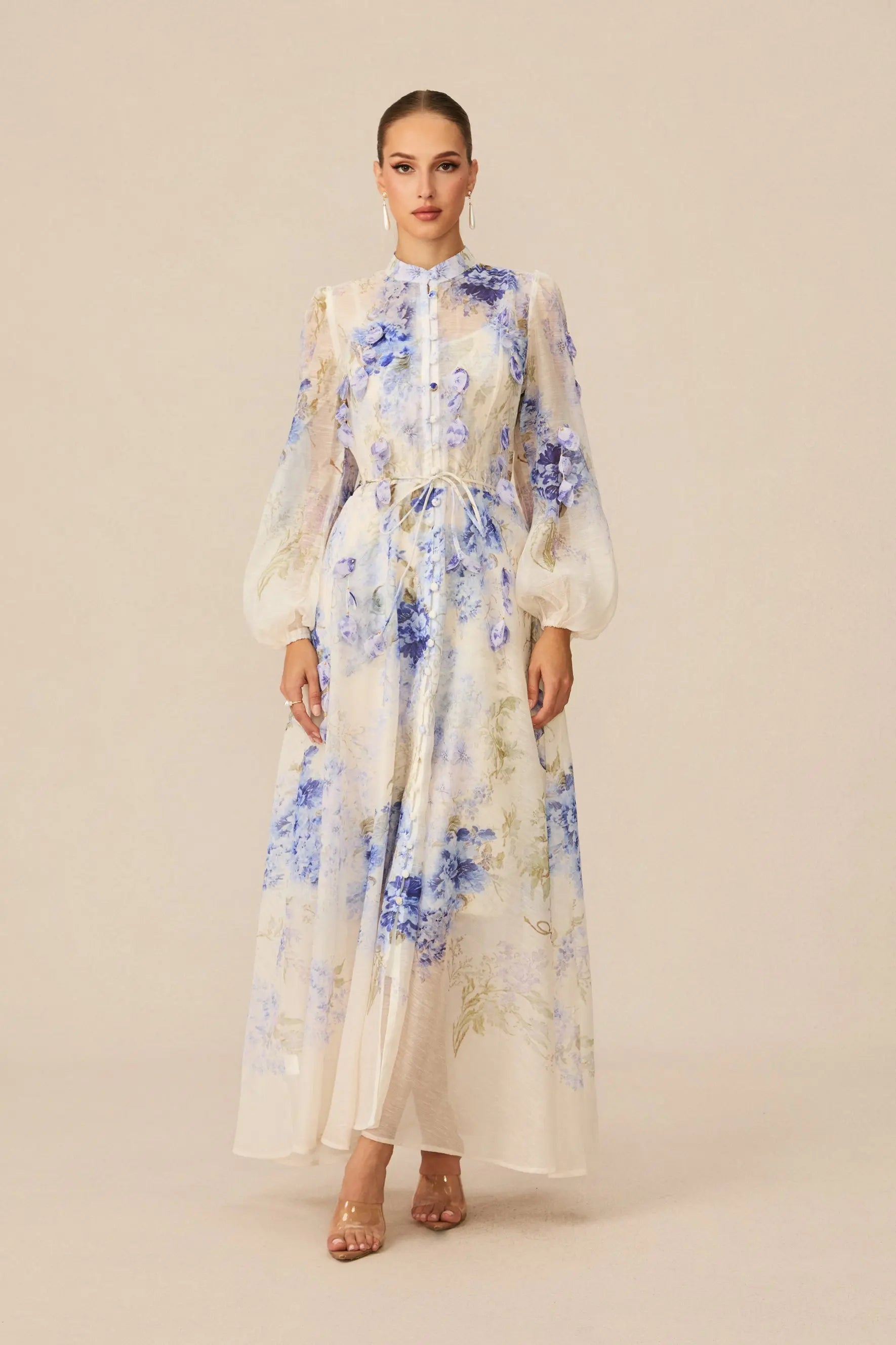 Blue Floral Print puff Sleeve Maxi Dress