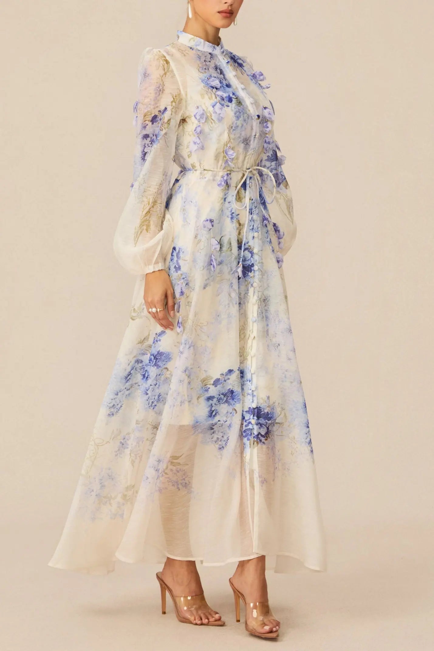 Blue Floral Print puff Sleeve Maxi Dress