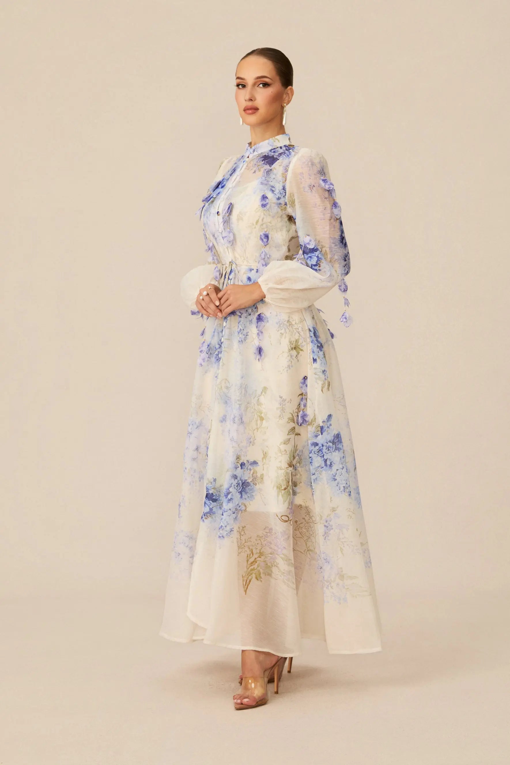 Blue Floral Print puff Sleeve Maxi Dress