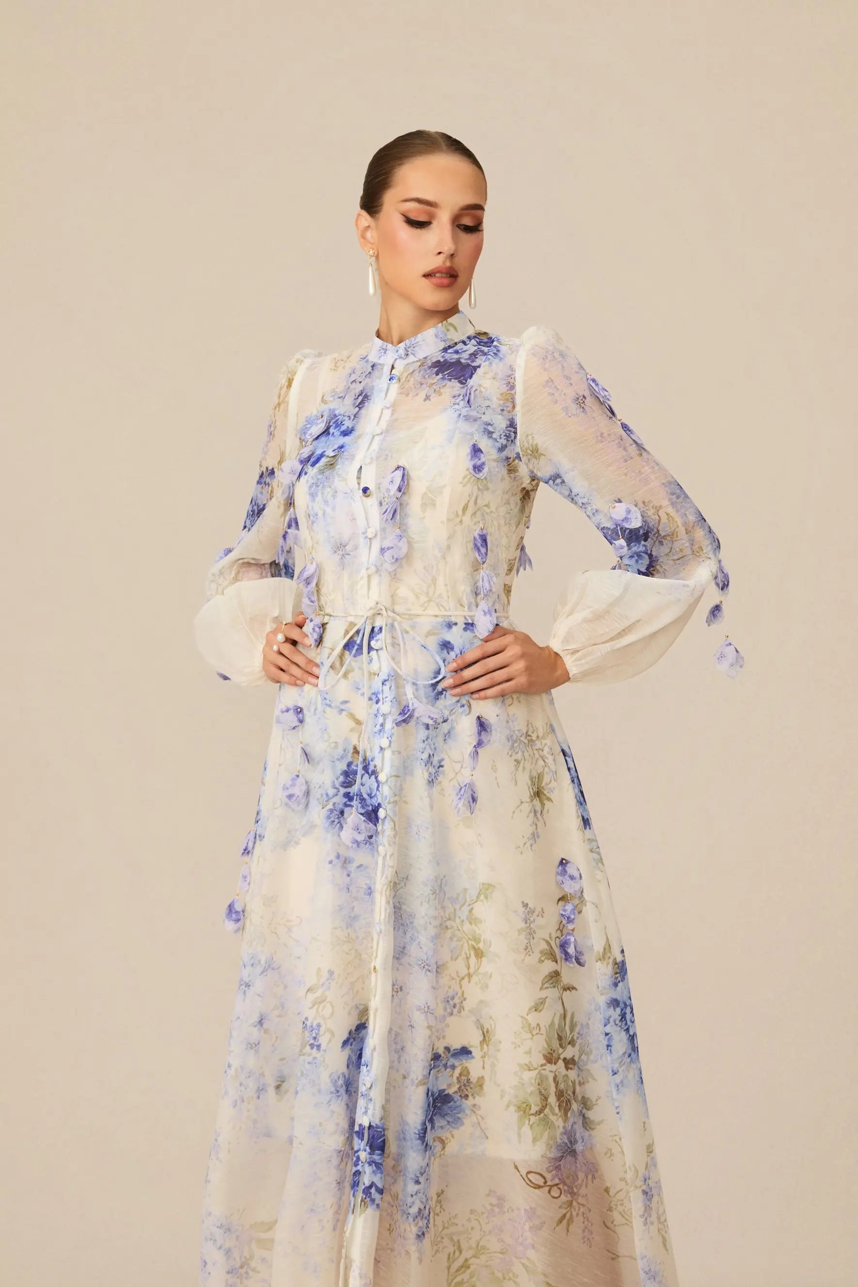 Blue Floral Print puff Sleeve Maxi Dress