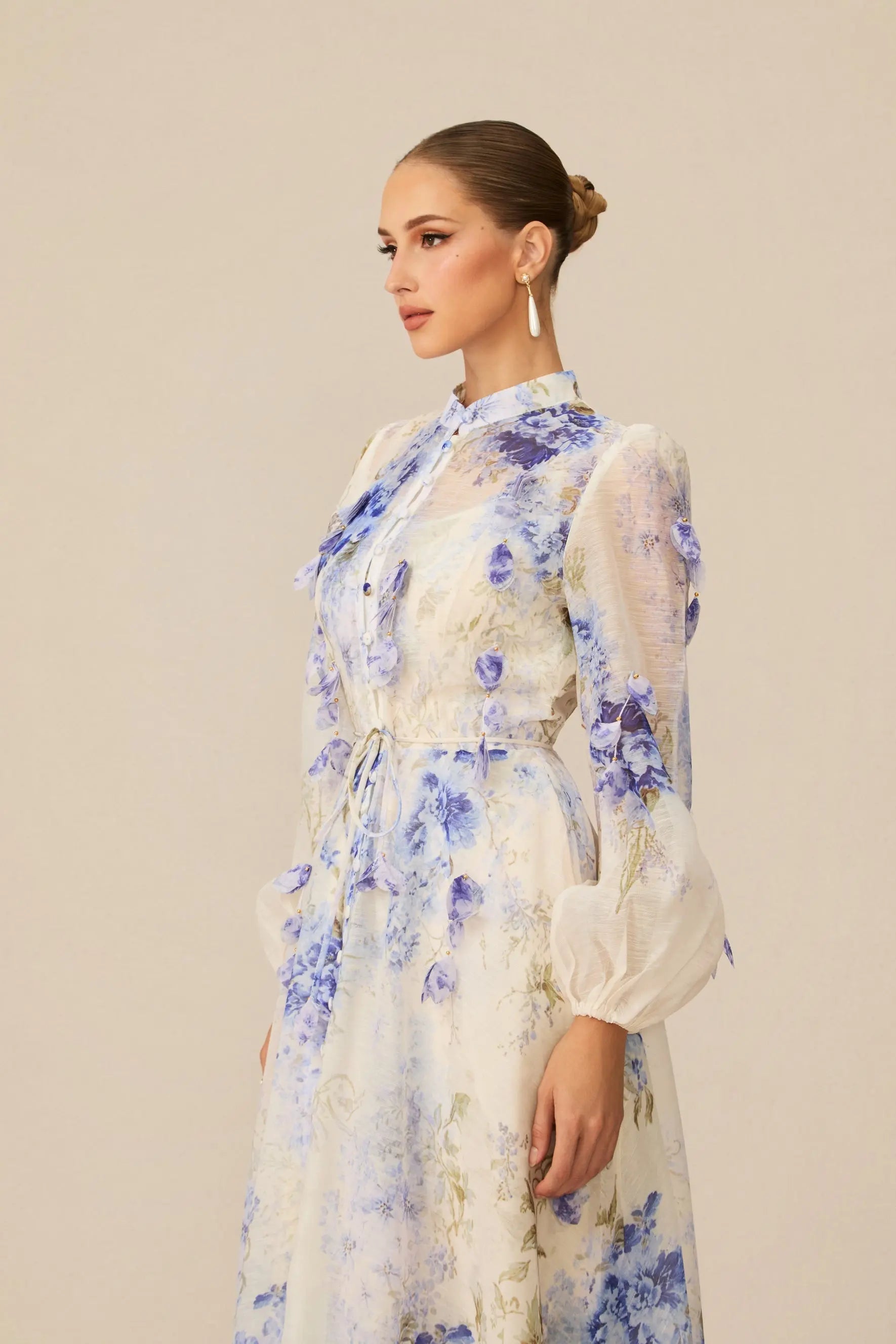 Blue Floral Print puff Sleeve Maxi Dress