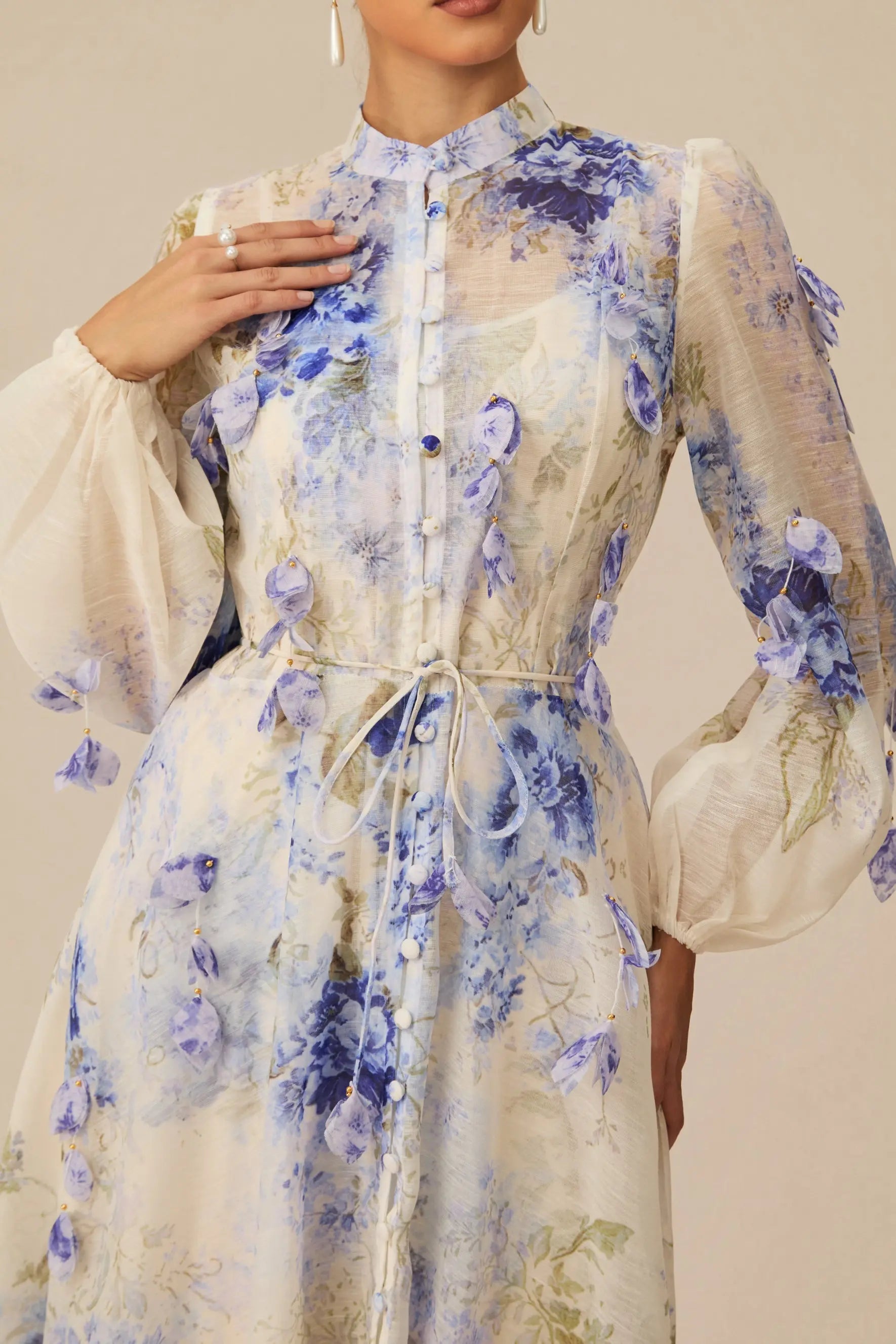 Blue Floral Print puff Sleeve Maxi Dress