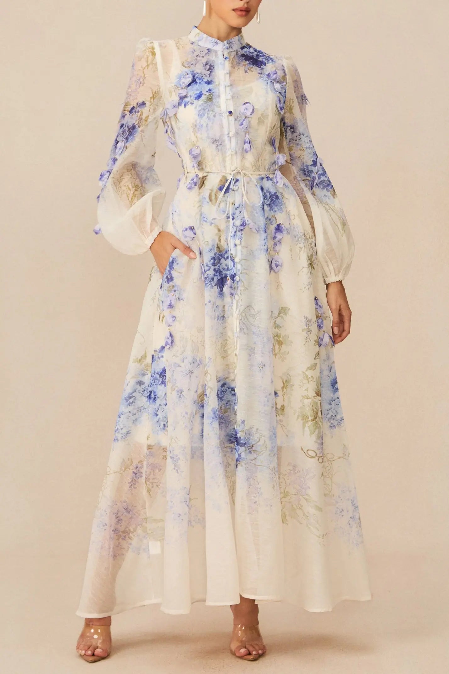 Blue Floral Print puff Sleeve Maxi Dress