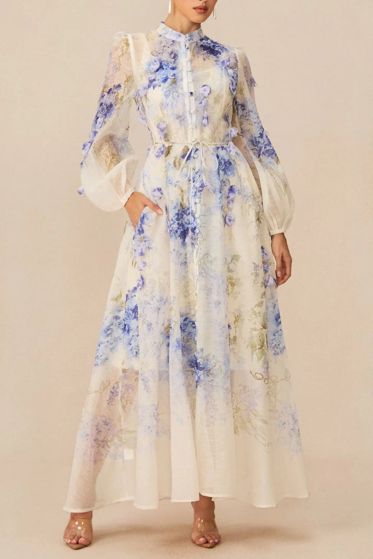Blue Floral Print puff Sleeve Maxi Dress