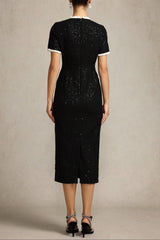 Round Neck Short Sleeves Sequin Maxi Dress in Black