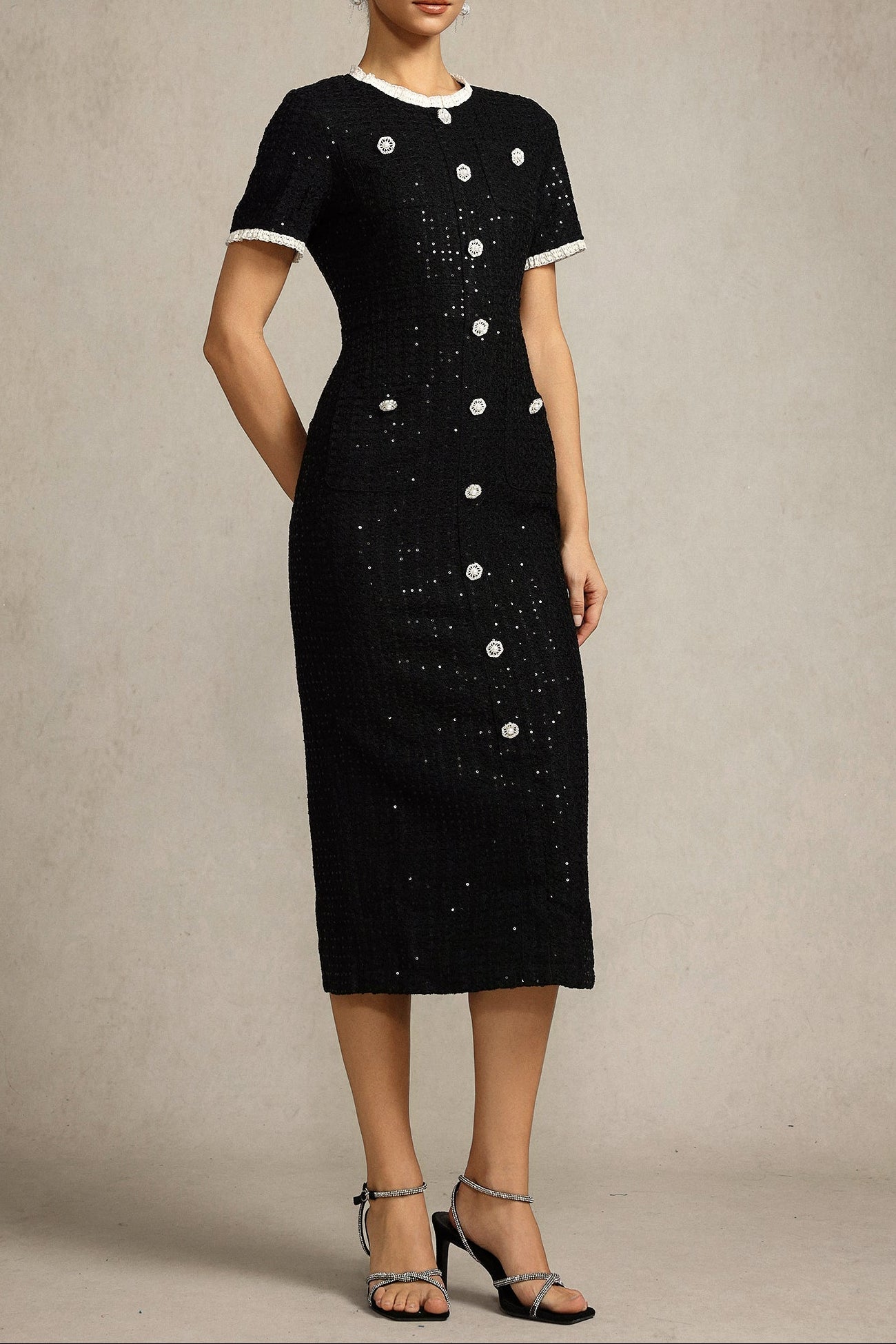 Round Neck Short Sleeves Sequin Maxi Dress in Black