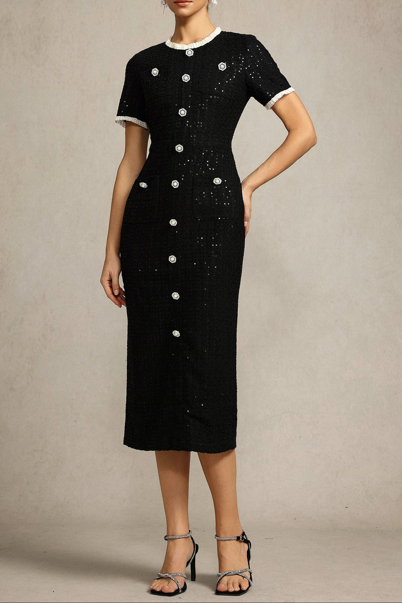 Round Neck Short Sleeves Sequin Maxi Dress in Black