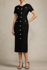 Round Neck Short Sleeves Sequin Maxi Dress in Black