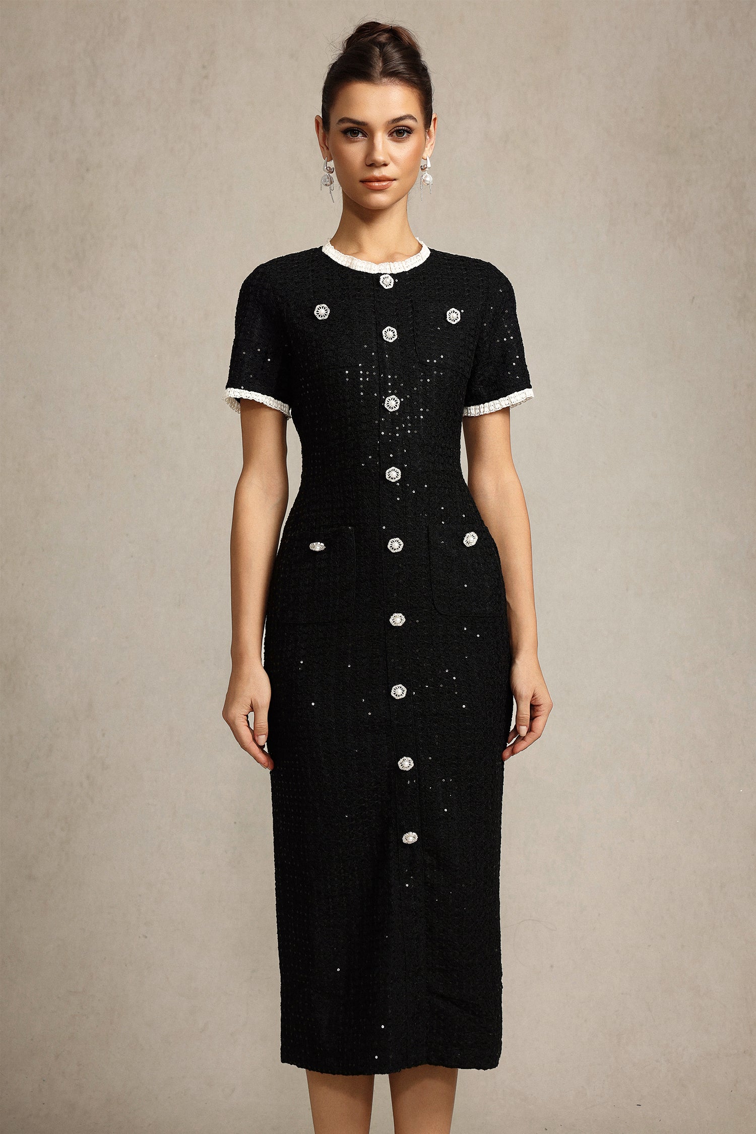 Round Neck Short Sleeves Sequin Maxi Dress in Black