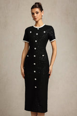Round Neck Short Sleeves Sequin Maxi Dress in Black