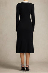 Round Neck Long Sleeves Bowknot Streamer Maxi Dress in Black