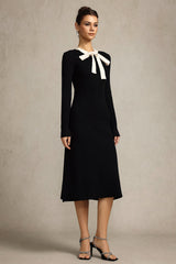 Round Neck Long Sleeves Bowknot Streamer Maxi Dress in Black