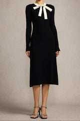 Round Neck Long Sleeves Bowknot Streamer Maxi Dress in Black