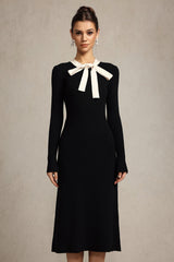 Round Neck Long Sleeves Bowknot Streamer Maxi Dress in Black