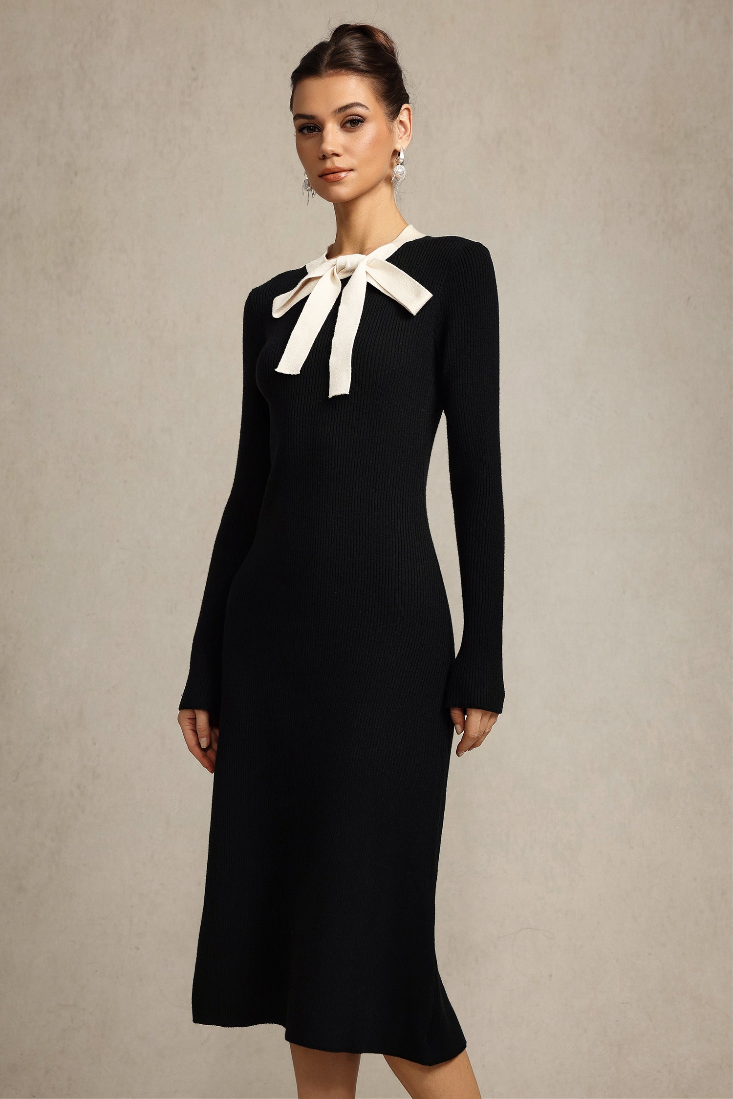 Round Neck Long Sleeves Bowknot Streamer Maxi Dress in Black
