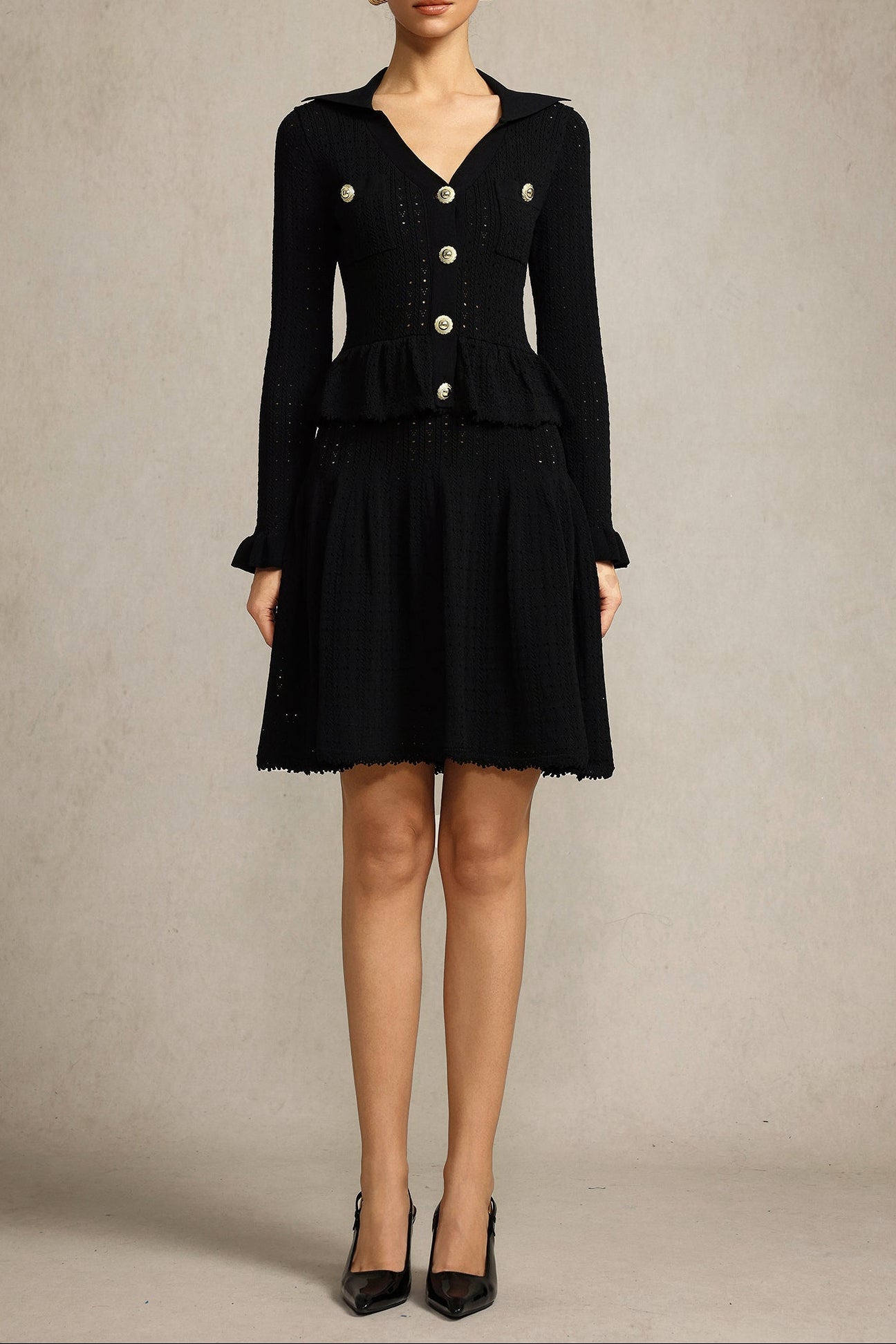 Leaf-Edge Paneled V-Neck Knitted Mini Dress in Black
