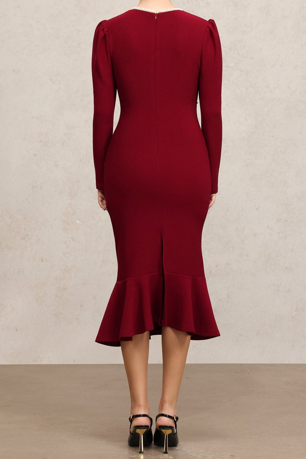 Claret Square Collar Long Sleeves Midi Dress