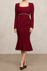 Claret Square Collar Long Sleeves Midi Dress