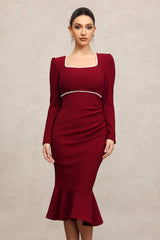 Claret Square Collar Long Sleeves Midi Dress