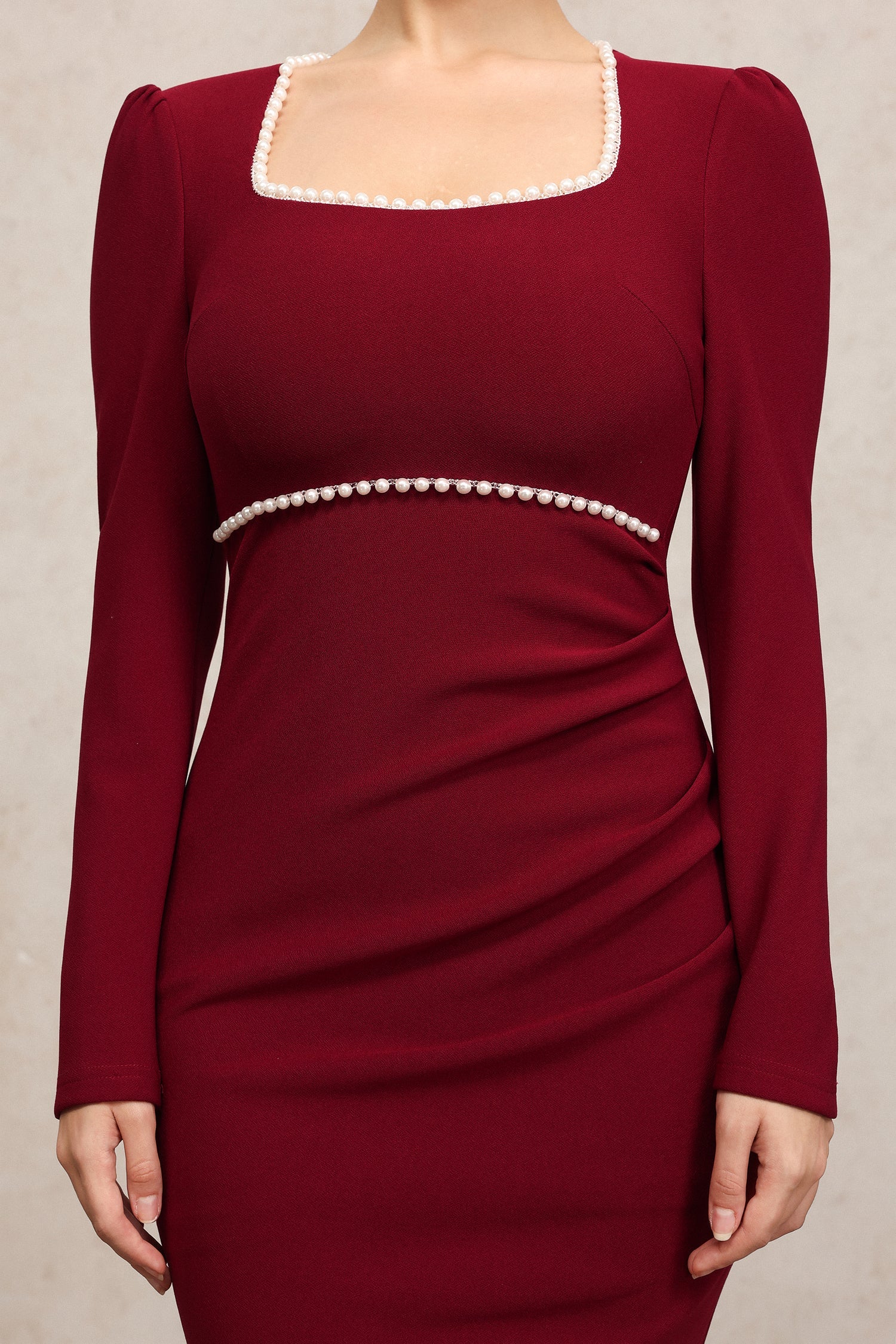 Claret Square Collar Long Sleeves Midi Dress