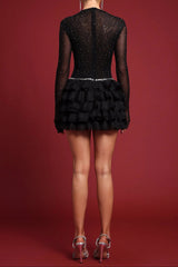 Classic Contour Crystal Ruffle Mesh Mini Dress