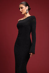 Contour One Shoulder Crystal Maxi Dress in Black