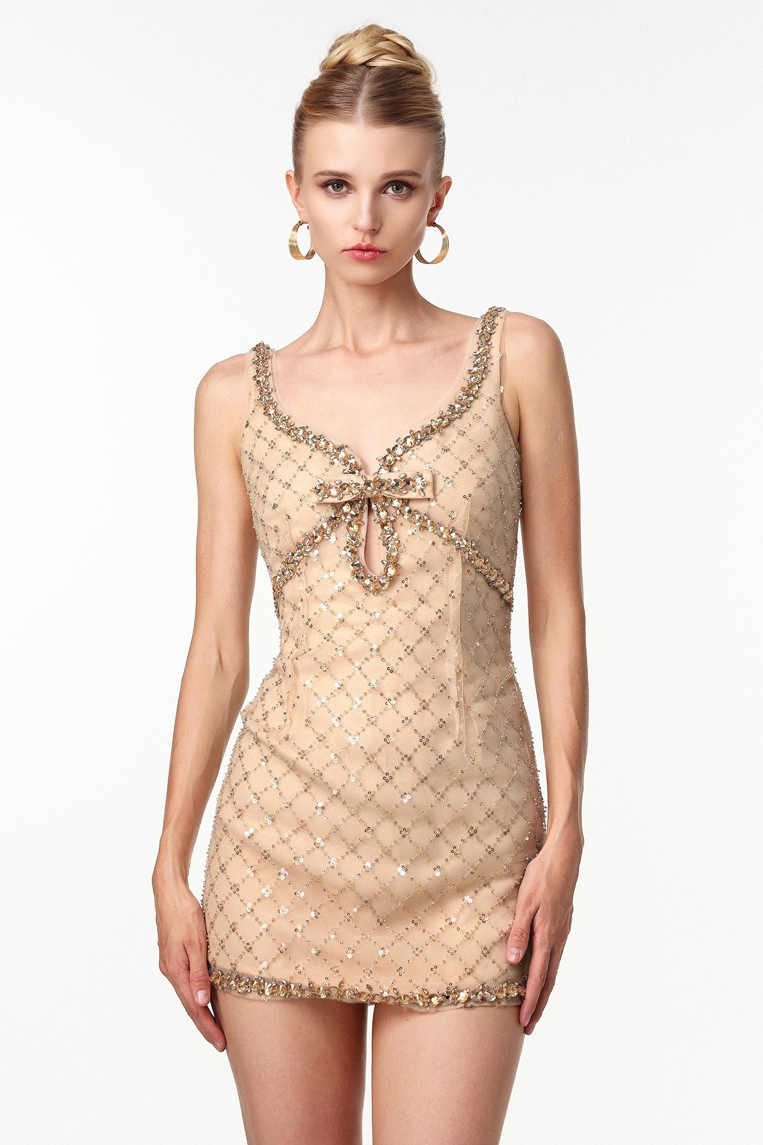 Embellished Rhinestone Sequin Mini Dress in Yellow
