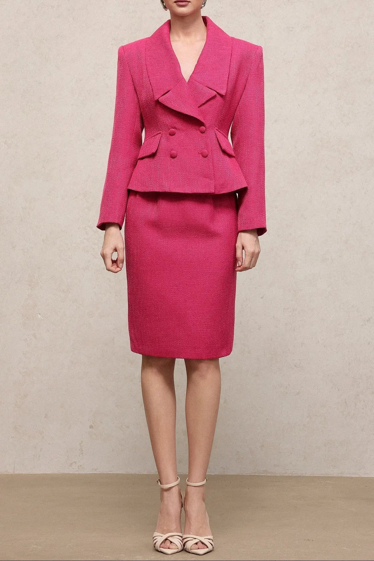 Rose Red Long Sleeve Woven Top Skirt Two-Piece Set