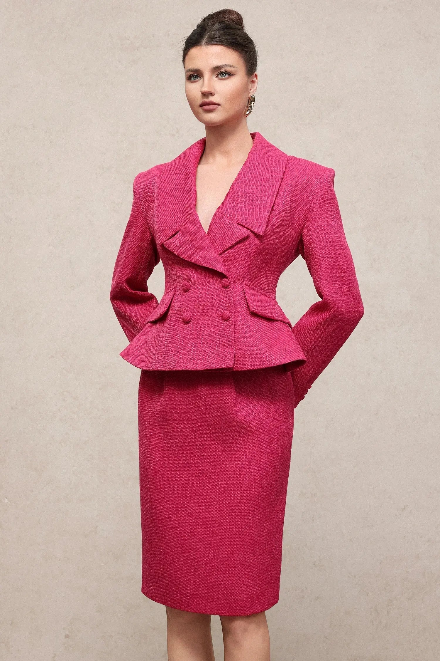 Rose Red Long Sleeve Woven Top Skirt Two-Piece Set