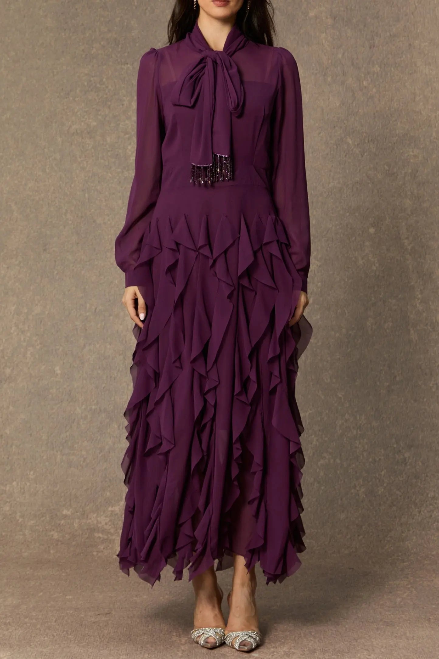 Purple Neck Ruffle Maxi Dress