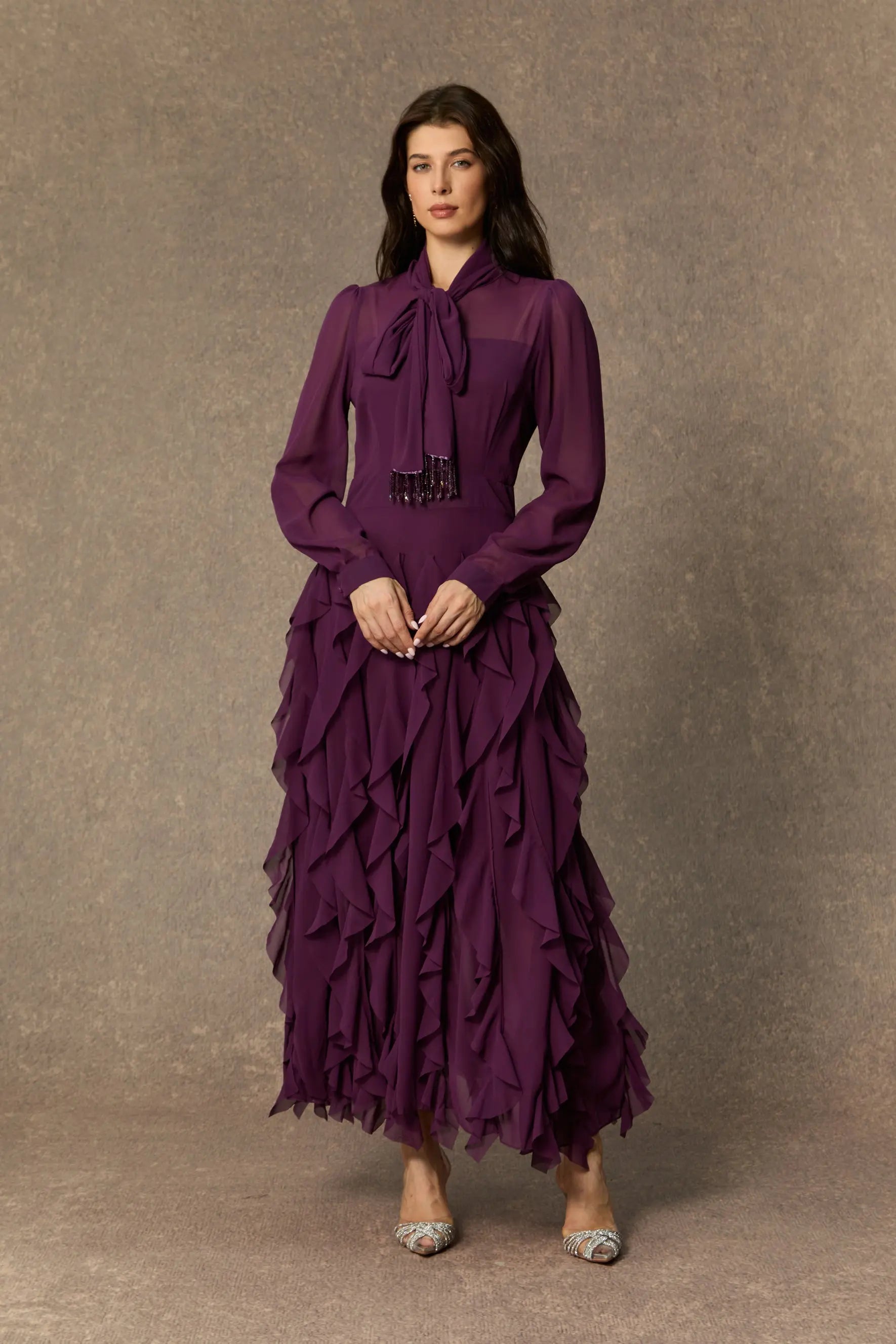 Purple Neck Ruffle Maxi Dress