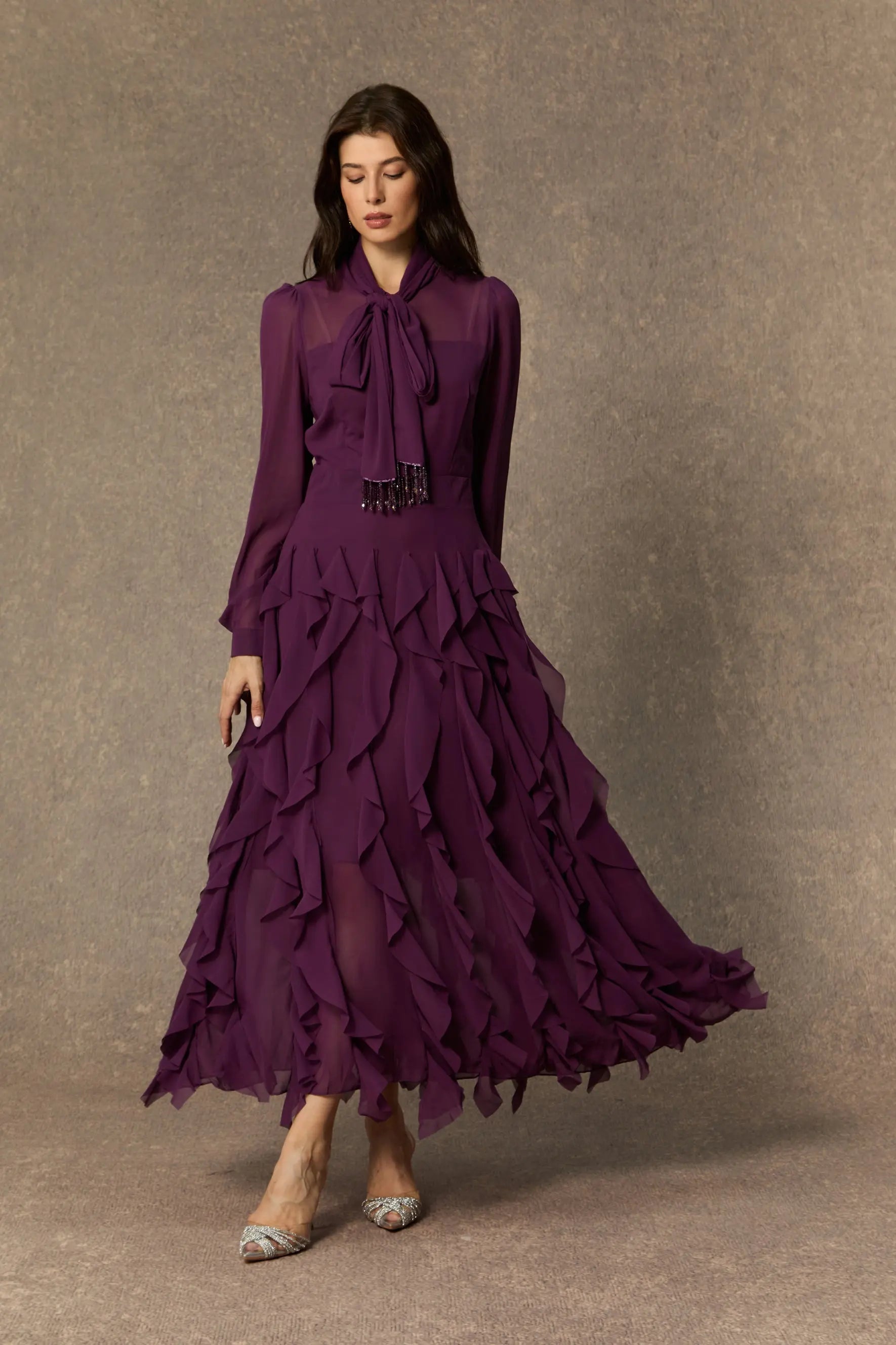 Purple Neck Ruffle Maxi Dress