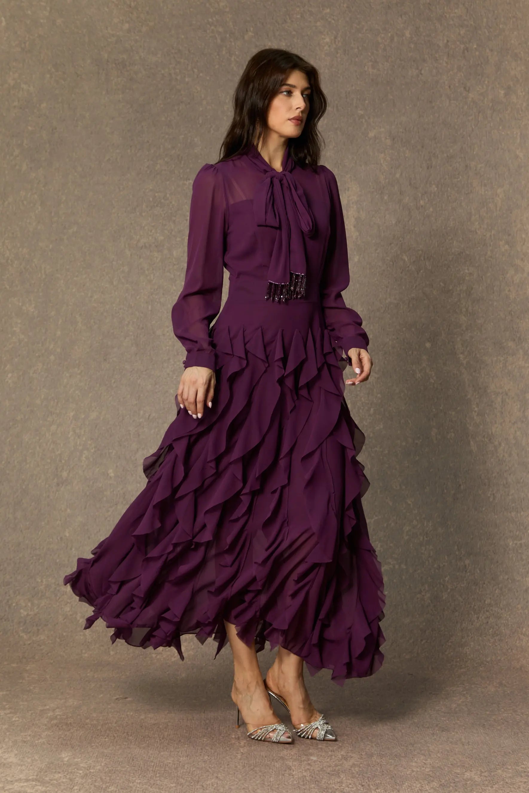Purple Neck Ruffle Maxi Dress