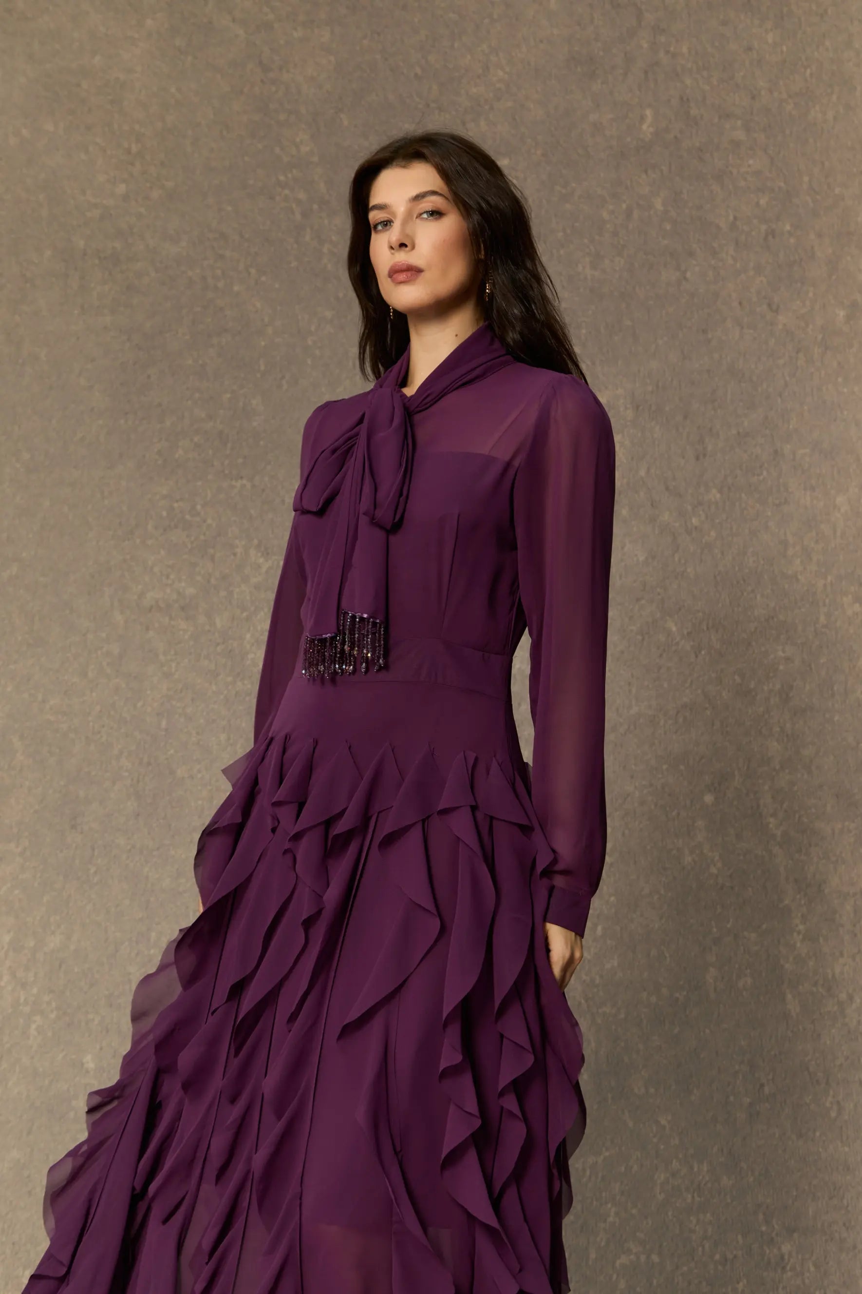 Purple Neck Ruffle Maxi Dress