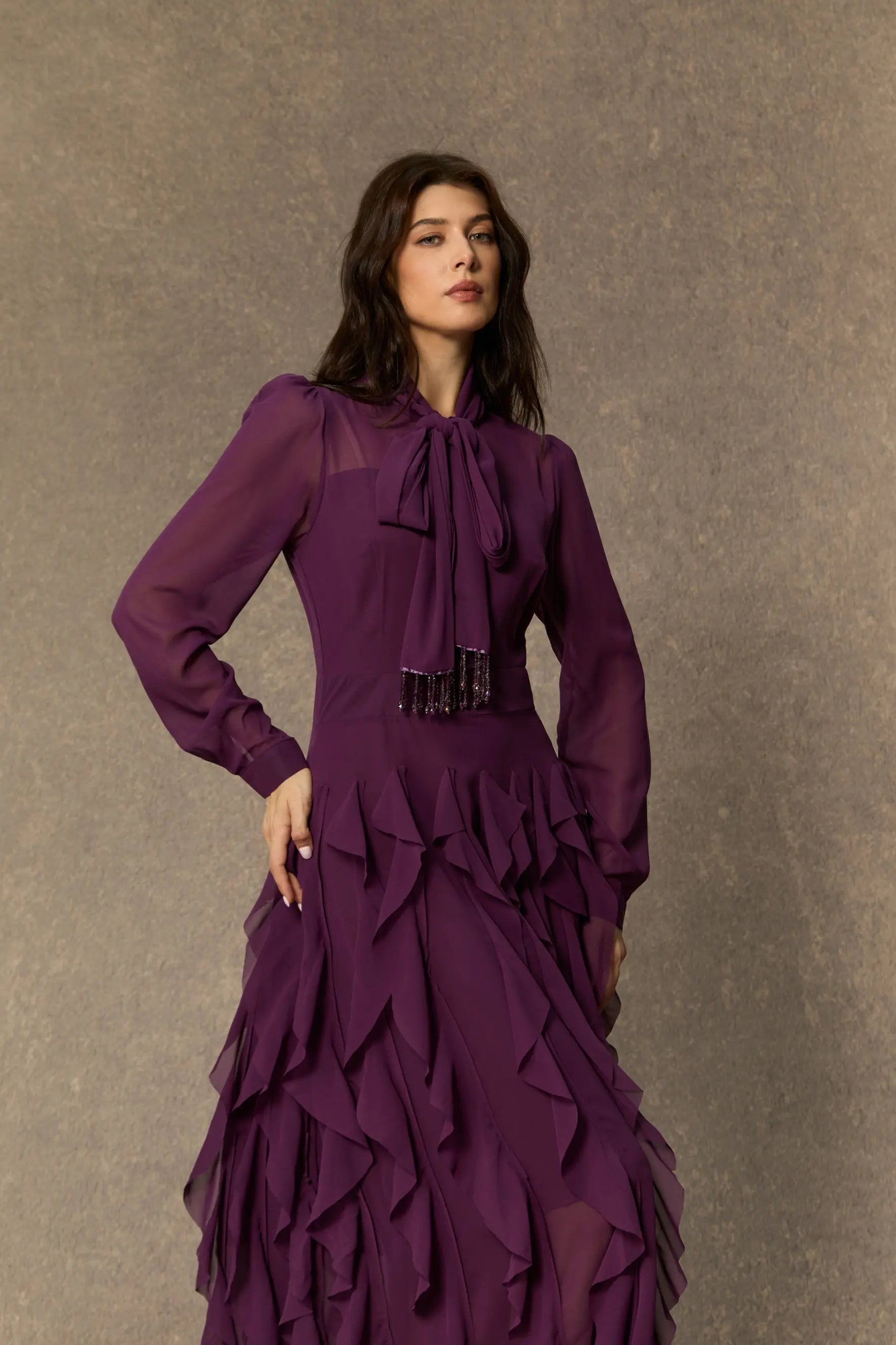 Purple Neck Ruffle Maxi Dress