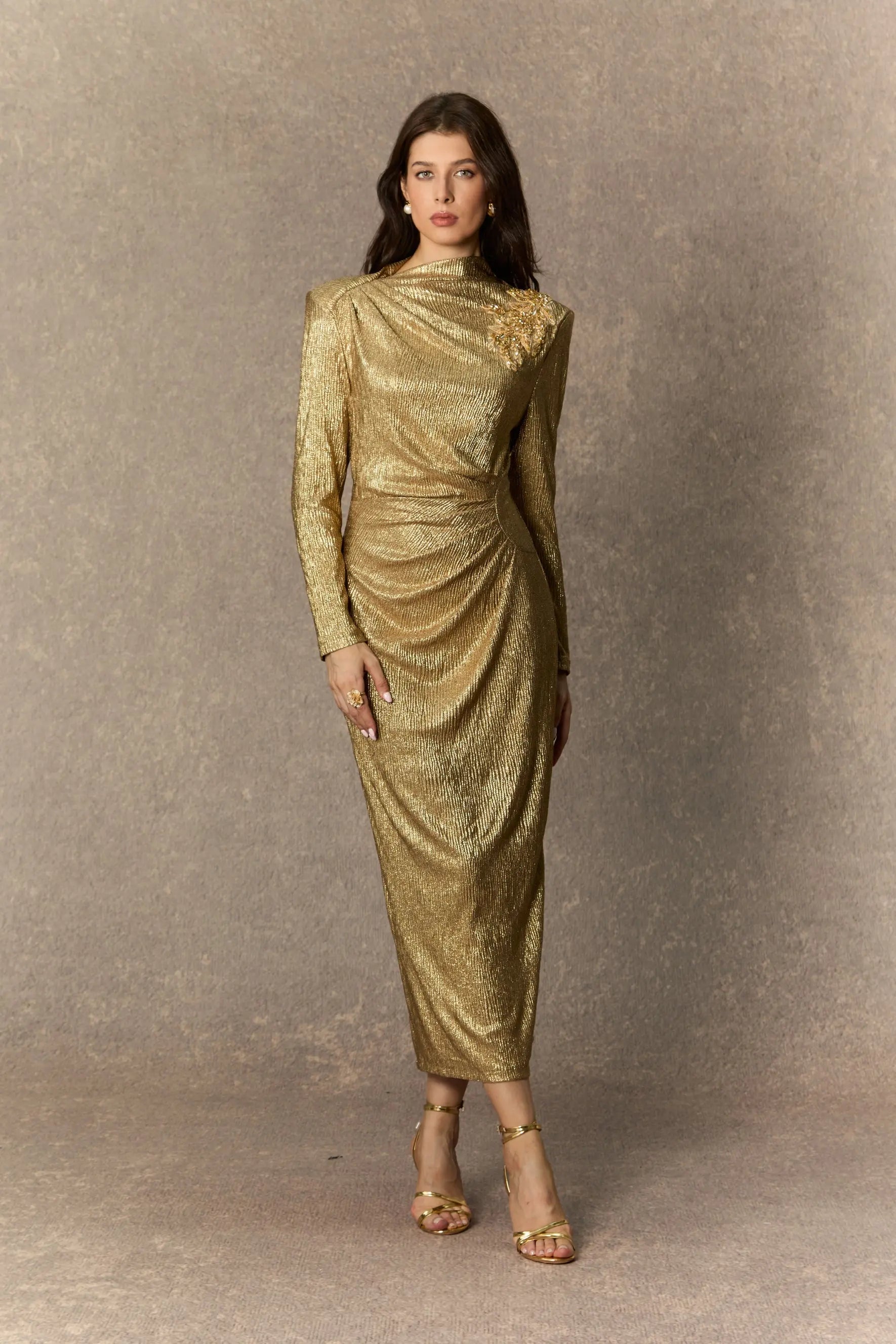 Gold Floral Embellished Texture Midi Dress