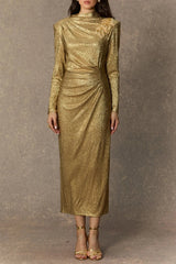 Gold Floral Embellished Texture Midi Dress