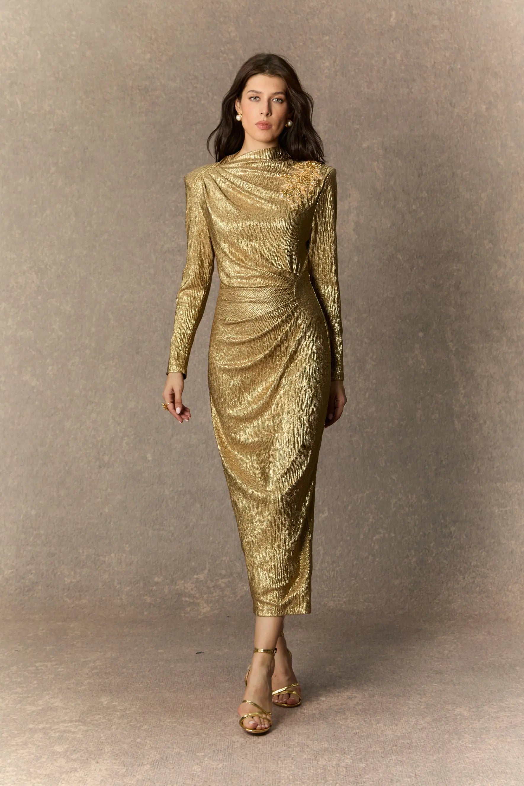 Gold Floral Embellished Texture Midi Dress