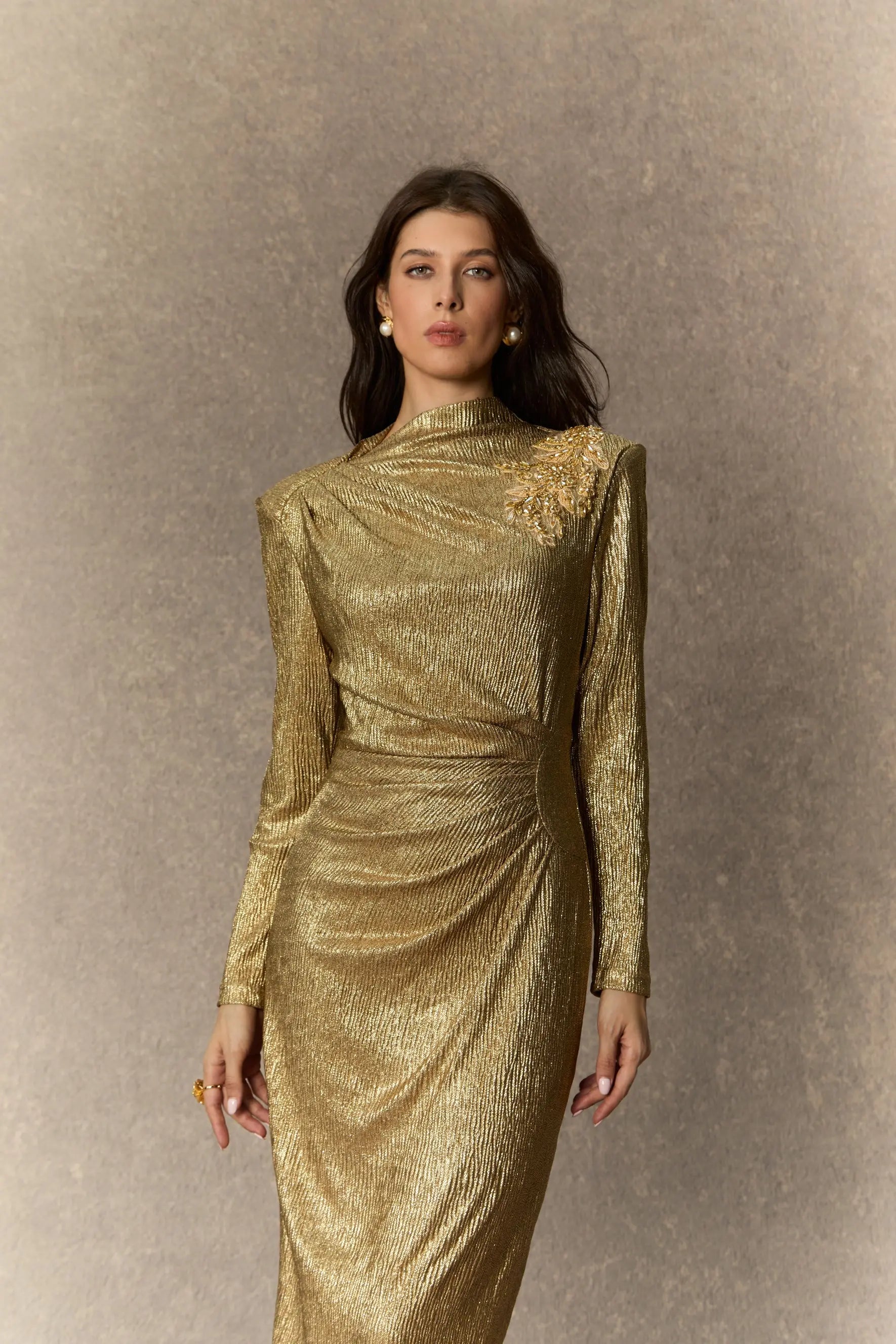 Gold Floral Embellished Texture Midi Dress
