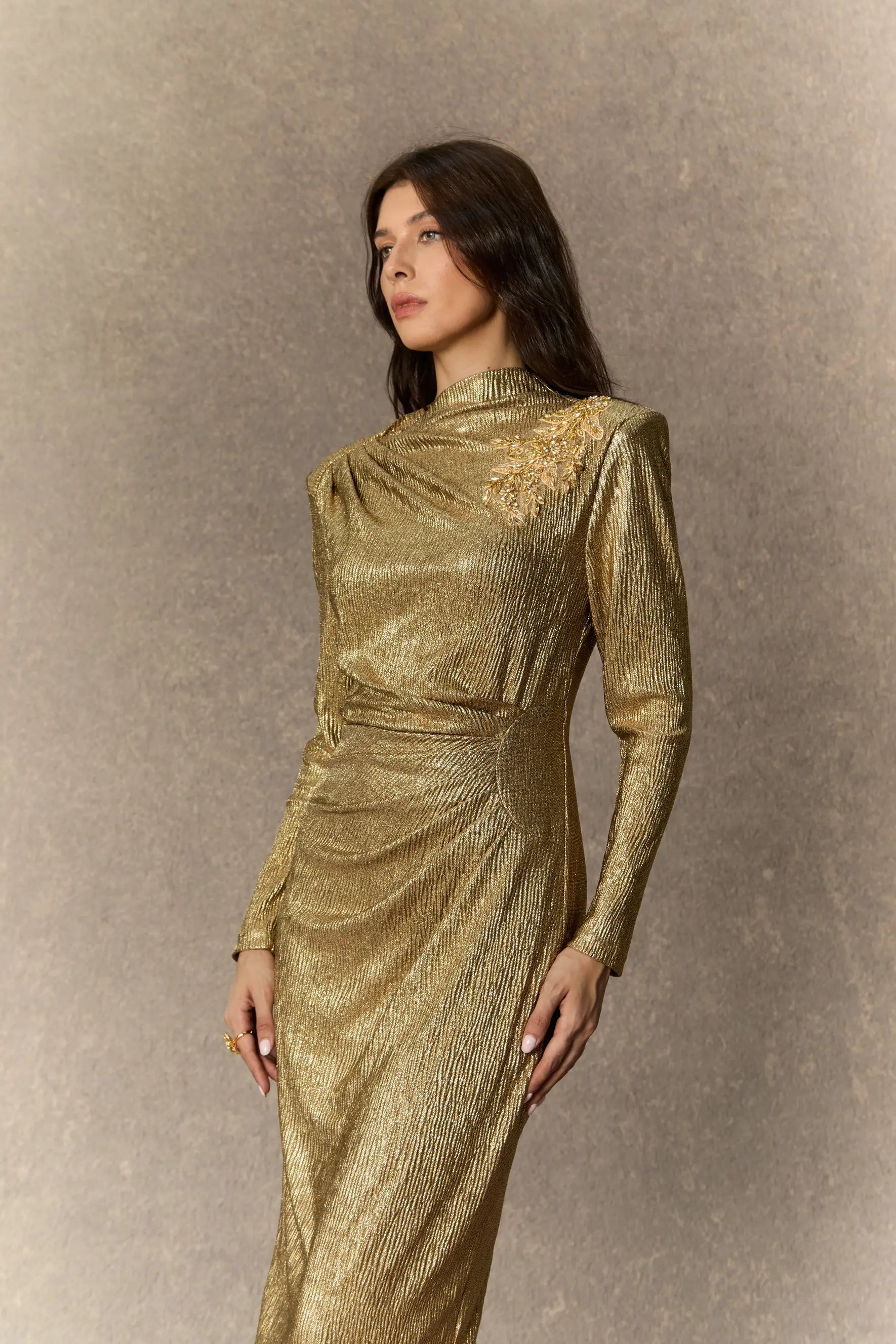 Gold Floral Embellished Texture Midi Dress