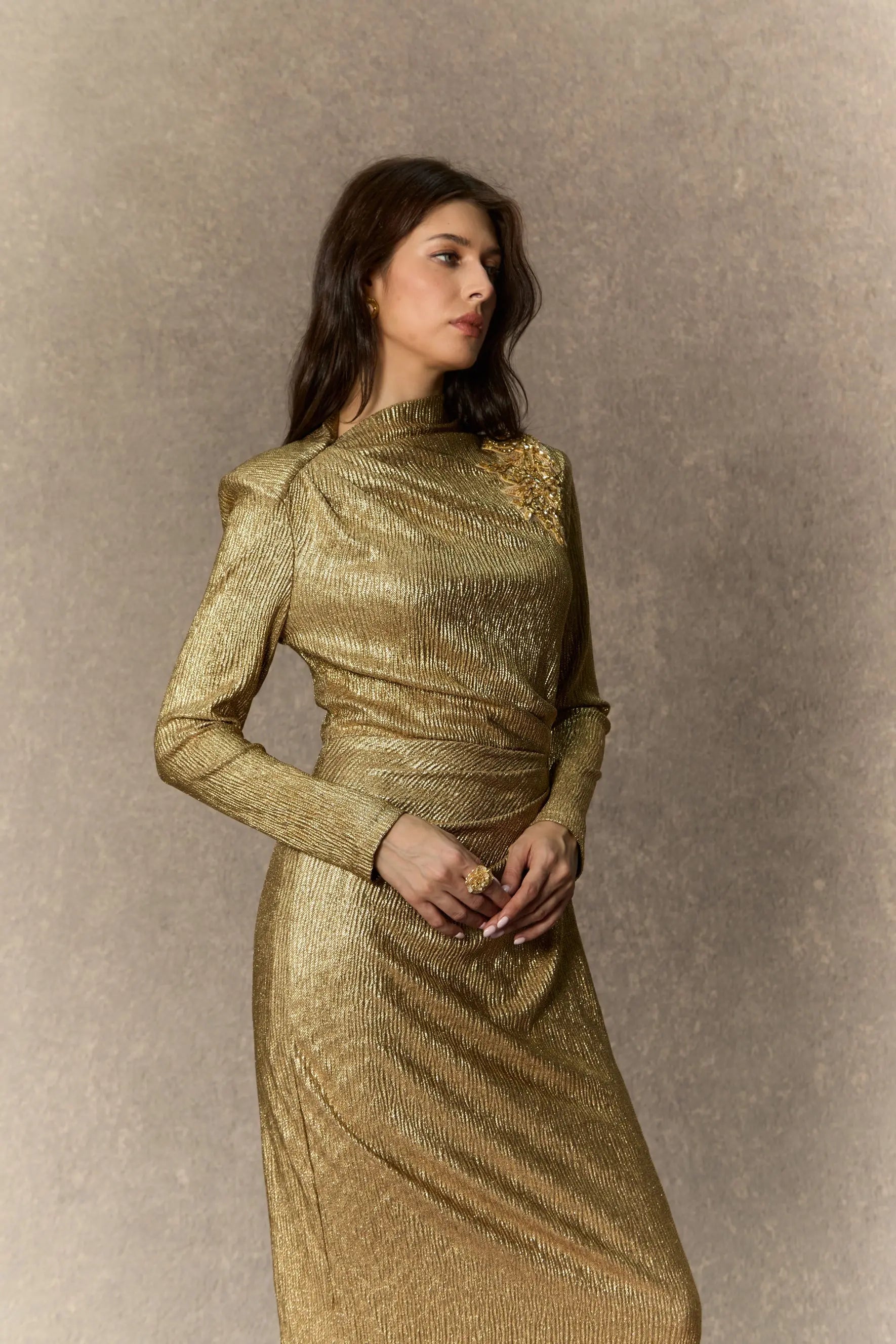 Gold Floral Embellished Texture Midi Dress