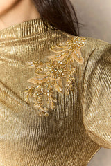 Gold Floral Embellished Texture Midi Dress