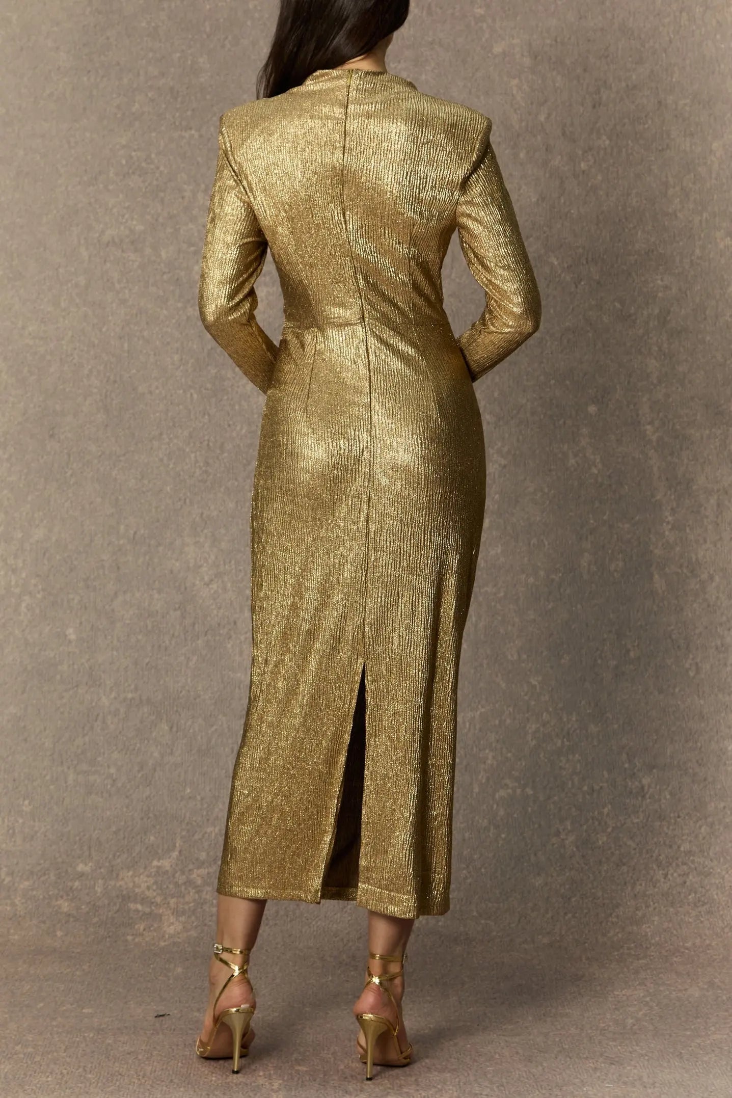 Gold Floral Embellished Texture Midi Dress